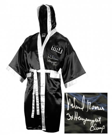 Michael Moorer Signed Title Black Full Length Boxing Robe w/3x Heavyweight Champ - MOOROB502 - Michael Moorer Signed Title Black Full Length Boxing Robe w/3x Heavyweight Champ product image