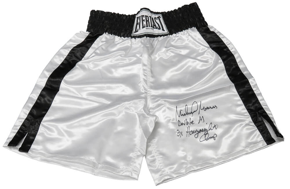 Michael Moorer Signed Everlast White Boxing Trunks w/Double M, 3x Heavyweight Champ - MOOTRU501 - Michael Moorer Signed Everlast White Boxing Trunks w/Double M, 3x Heavyweight Champ product image