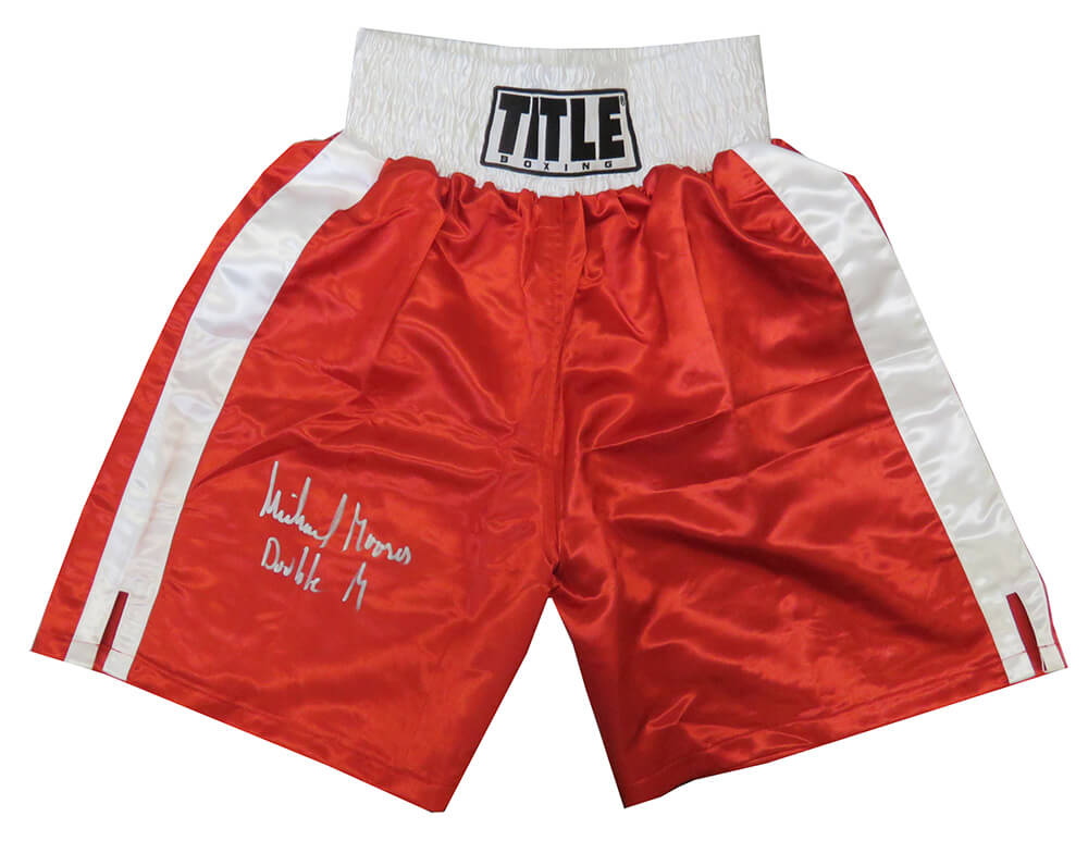 Michael Moorer Signed Title Red Boxing Trunks w/Double M - MOOTRU502 - Michael Moorer Signed Title Red Boxing Trunks w/Double M product image