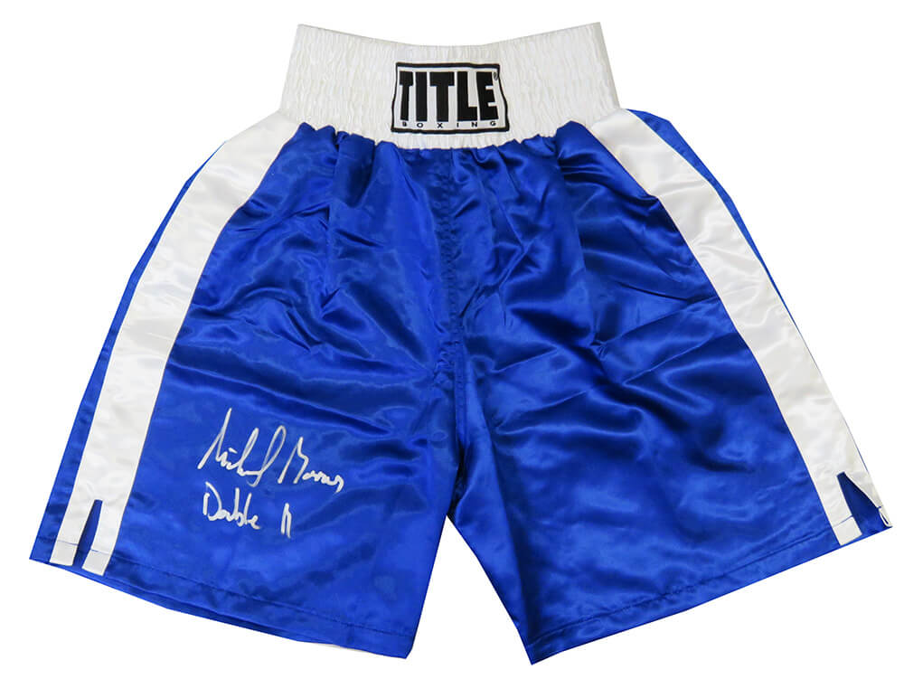 Michael Moorer Signed Title Blue Boxing Trunks w/Double M - MOOTRU504 - Michael Moorer Signed Title Blue Boxing Trunks w/Double M product image
