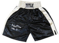 Michael Moorer Signed Title Black With Silver Waist Boxing Trunks w/Double M - MOOTRU505 - Michael Moorer Signed Title Black With Silver Waist Boxing Trunks w/Double M product image