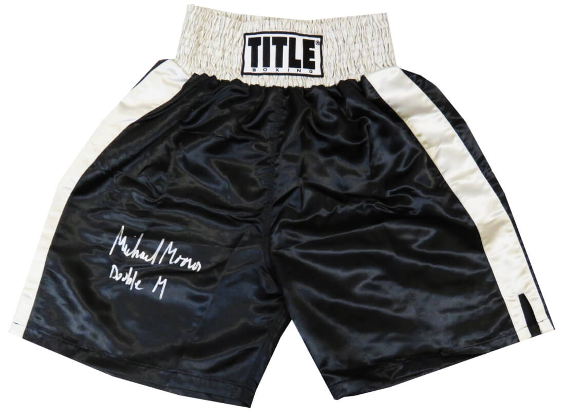 Michael Moorer Signed Title Black With Silver Waist Boxing Trunks w/Double M - MOOTRU505 - Michael Moorer Signed Title Black With Silver Waist Boxing Trunks w/Double M product image
