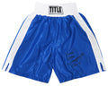 Michael Moorer Signed Title Blue With White Trim Boxing Trunks w/3x Heavyweight Champ (In Black) - MOOTRU506 - Michael Moorer Signed Title Blue With White Trim Boxing Trunks w/3x Heavyweight Champ (In Black) product image