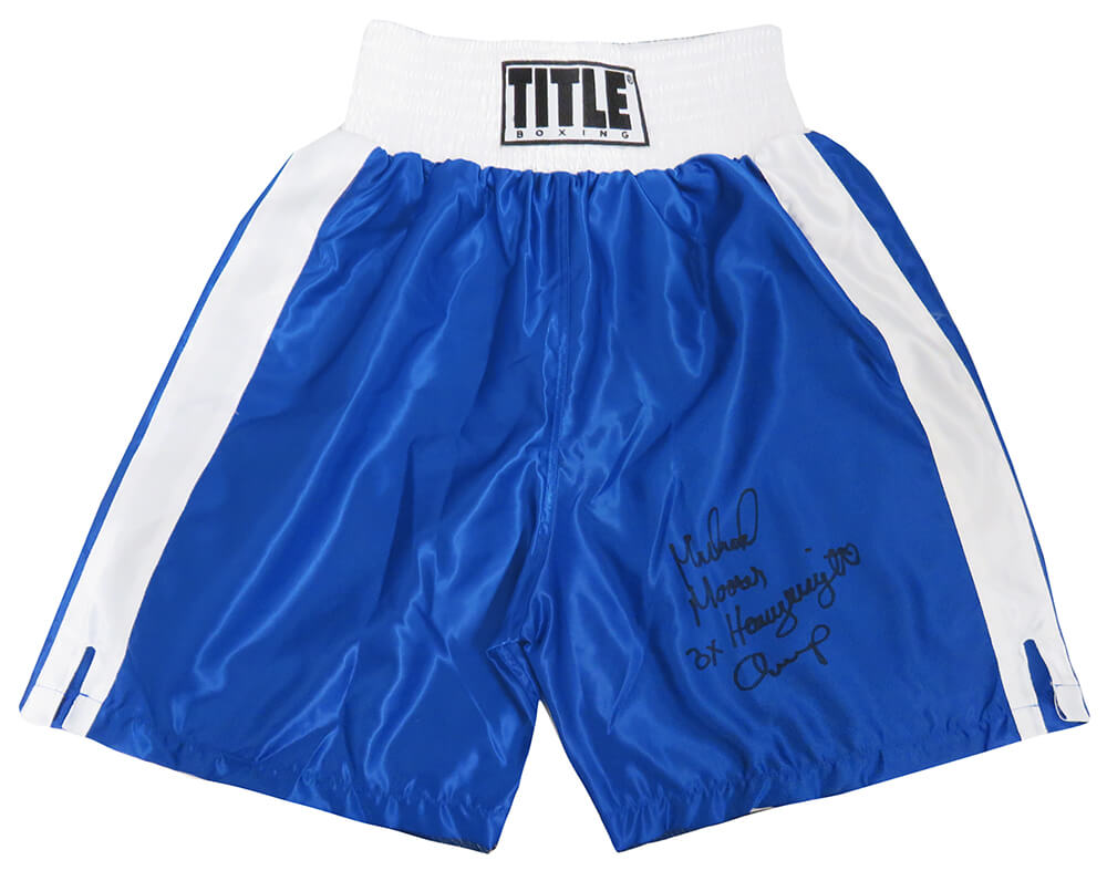 Michael Moorer Signed Title Blue With White Trim Boxing Trunks w/3x Heavyweight Champ (In Black) - MOOTRU506 - Michael Moorer Signed Title Blue With White Trim Boxing Trunks w/3x Heavyweight Champ (In Black) product image