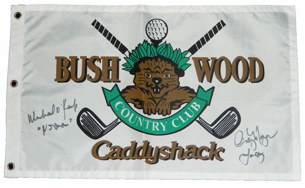 Cindy Morgan & Michael O'Keefe Dual Signed Caddyshack Beaver Logo Bushwood Flag w/Lacey & Noonan - MORFLG551 - Cindy Morgan & Michael O'Keefe Dual Signed Caddyshack Beaver Logo Bushwood Flag w/Lacey & Noonan product image