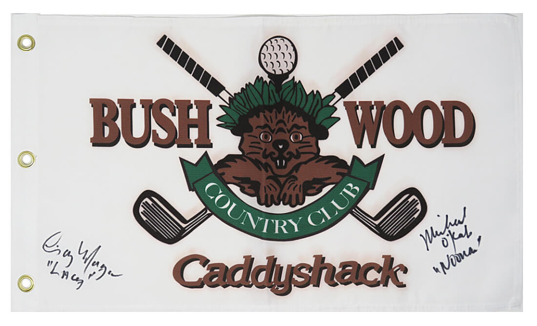 Cindy Morgan & Michael O'Keefe Signed Caddyshack Beaver Logo Bushwood Flag w/Lacey & Noonan - MORFLG552 - Cindy Morgan & Michael O'Keefe Signed Caddyshack Beaver Logo Bushwood Flag w/Lacey & Noonan product image