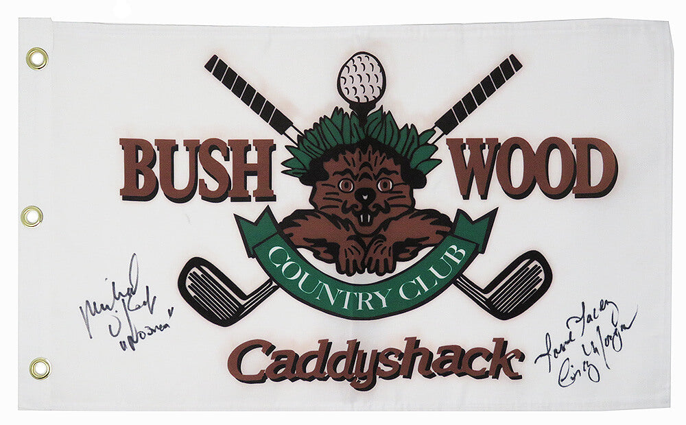 Cindy Morgan & Michael O'Keefe Signed Caddyshack Beaver Logo Bushwood Flag w/Love Lacey & Noonan - MORFLG553 - Cindy Morgan & Michael O'Keefe Signed Caddyshack Beaver Logo Bushwood Flag w/Love Lacey & Noonan product image