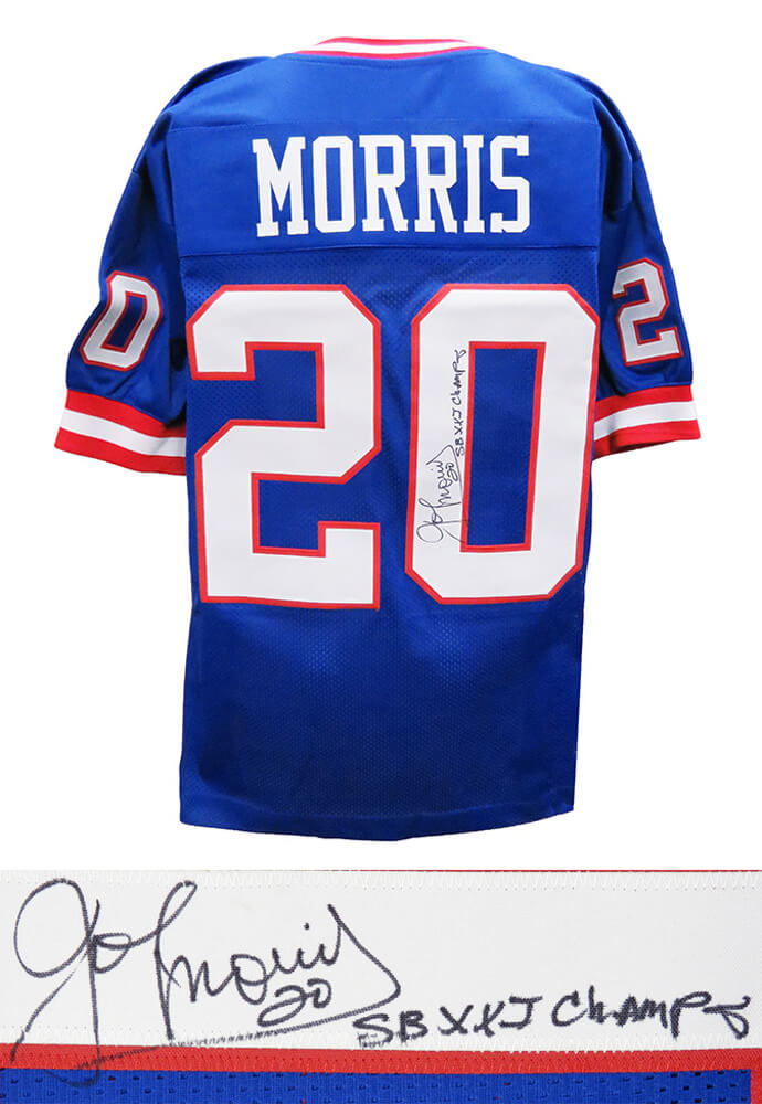 Joe Morris Signed Blue Throwback Custom Football Jersey w/SB XXI Champs - MORJRY300 - Joe Morris Signed Blue Throwback Custom Football Jersey w/SB XXI Champs product image