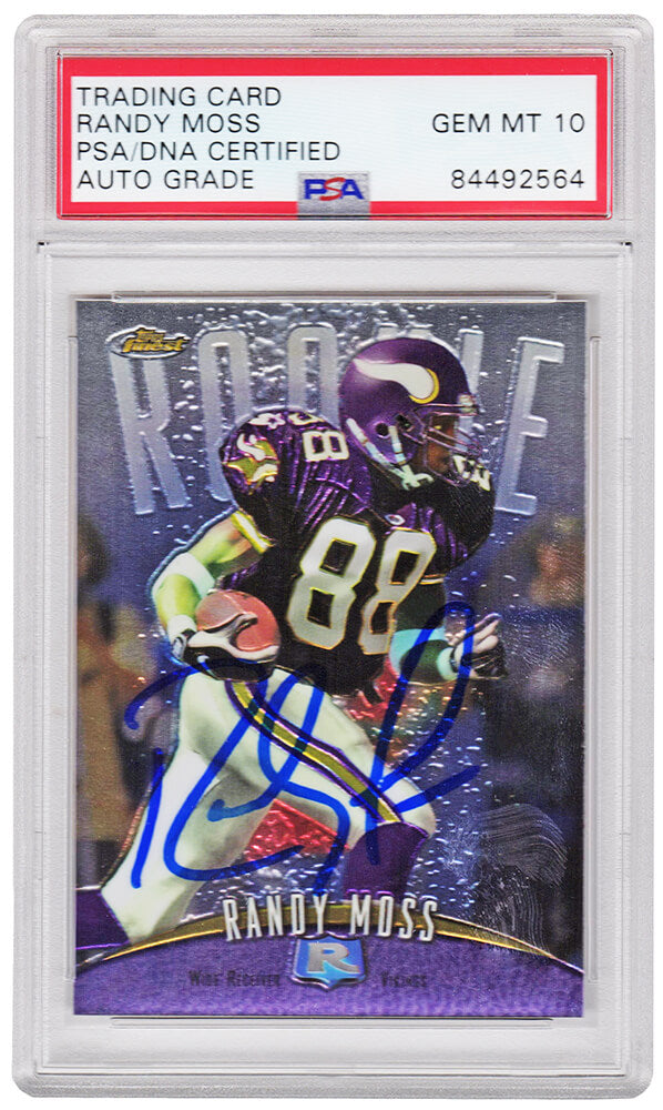 Randy Moss Signed Vikings 1998 Topps Finest Rookie Card #135 (PSA/DNA Encapsulated - Auto Grade 10) - MOSCAR304 - Randy Moss Signed Vikings 1998 Topps Finest Rookie Card #135 (PSA/DNA Encapsulated - Auto Grade 10) product image