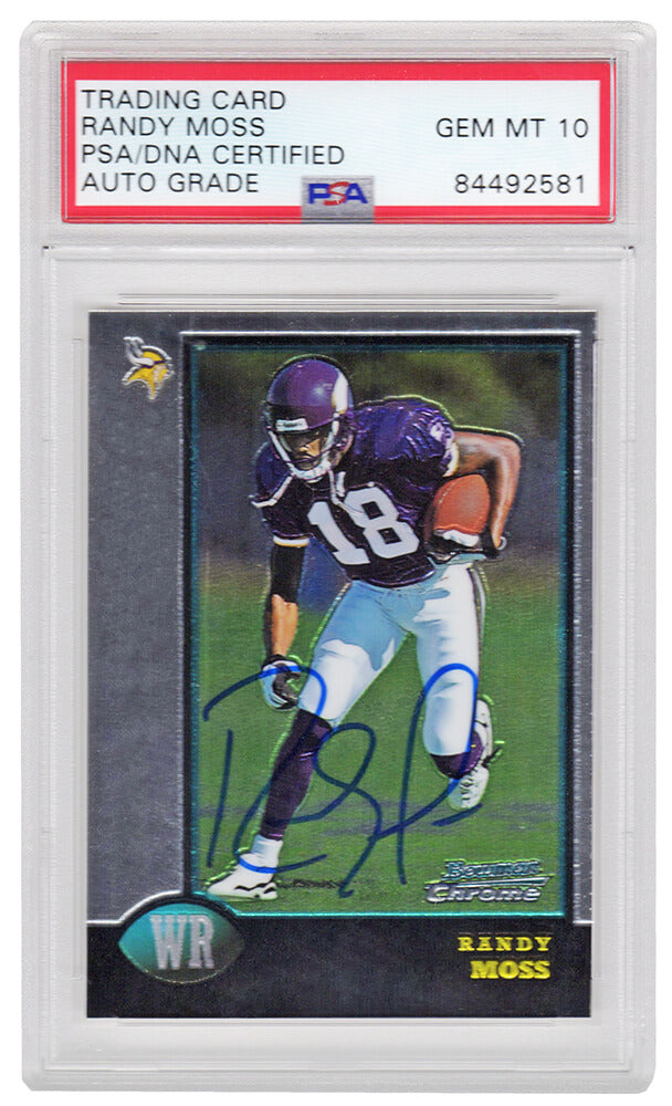 Randy Moss Signed Vikings 1998 Bowman Chrome Rookie Card #182 (PSA/DNA Encapsulated - Auto Grade 10) - MOSCAR306 - Randy Moss Signed Vikings 1998 Bowman Chrome Rookie Card #182 (PSA/DNA Encapsulated - Auto Grade 10) product image