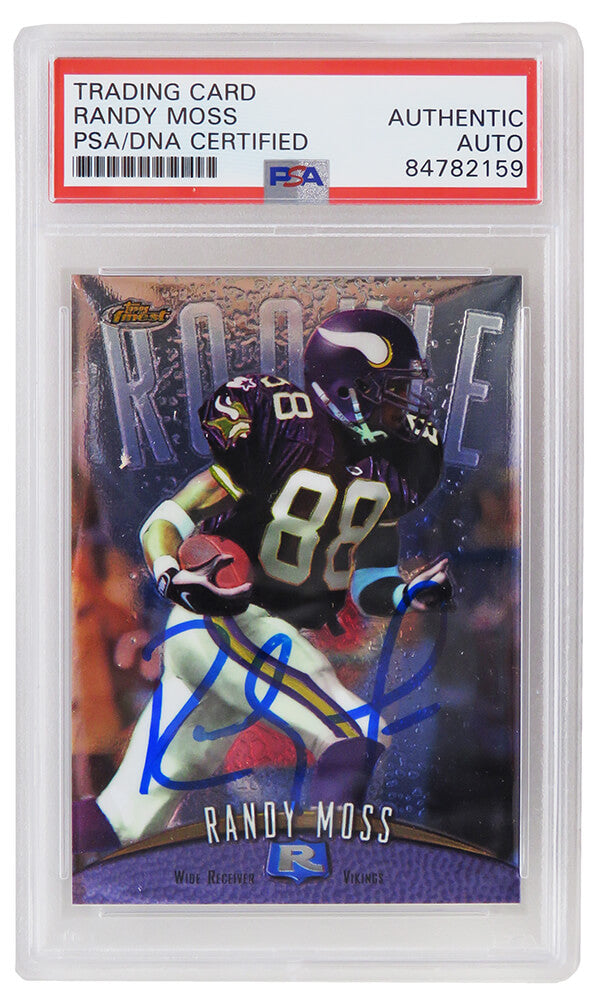 Randy Moss Signed Minnesota Vikings 1998 Topps Finest Rookie Football Trading Card #135 (PSA Encapsulated) - MOSCAR310 - Randy Moss Signed Minnesota Vikings 1998 Topps Finest Rookie Football Trading Card #135 (PSA Encapsulated) product image