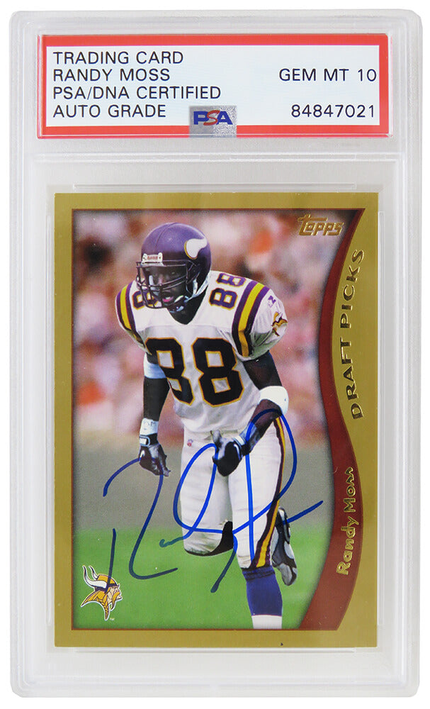 Randy Moss Signed Minnesota Vikings 1998 Topps Football Rookie Trading Card #352 (PSA Encapsulated - Auto Grade 10) - MOSCAR311 - Randy Moss Signed Minnesota Vikings 1998 Topps Football Rookie Trading Card #352 (PSA Encapsulated - Auto Grade 10) product image