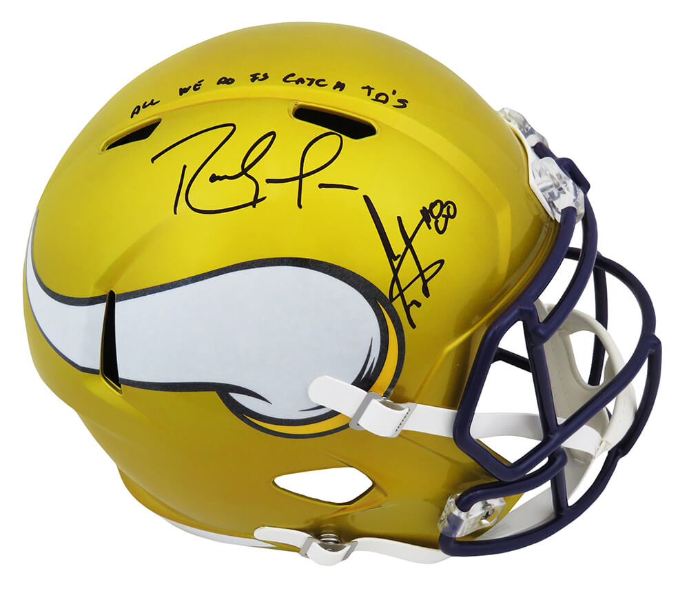 Randy Moss & Cris Carter Signed Minnesota Vikings FLASH Riddell Full Size Speed Replica Helmet w/All We Do Is Catch TD's - MOSREP320 - Randy Moss & Cris Carter Signed Minnesota Vikings FLASH Riddell Full Size Speed Replica Helmet w/All We Do Is Catch TD's product image