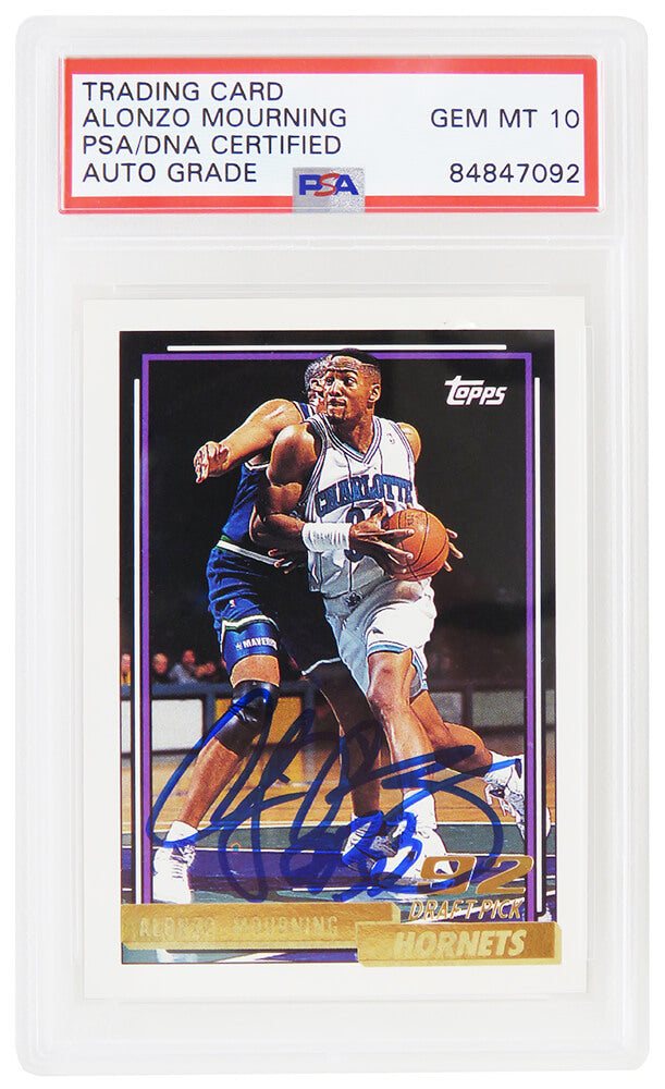 Alonzo Mourning Signed Charlotte Hornets 1992-93 Topps GOLD Rookie Basketball Card #393 (PSA Encapsulated - Auto Grade 10) - MOUCAR213 - Alonzo Mourning Signed Charlotte Hornets 1992-93 Topps GOLD Rookie Basketball Card #393 (PSA Encapsulated - Auto Grade 10) product image