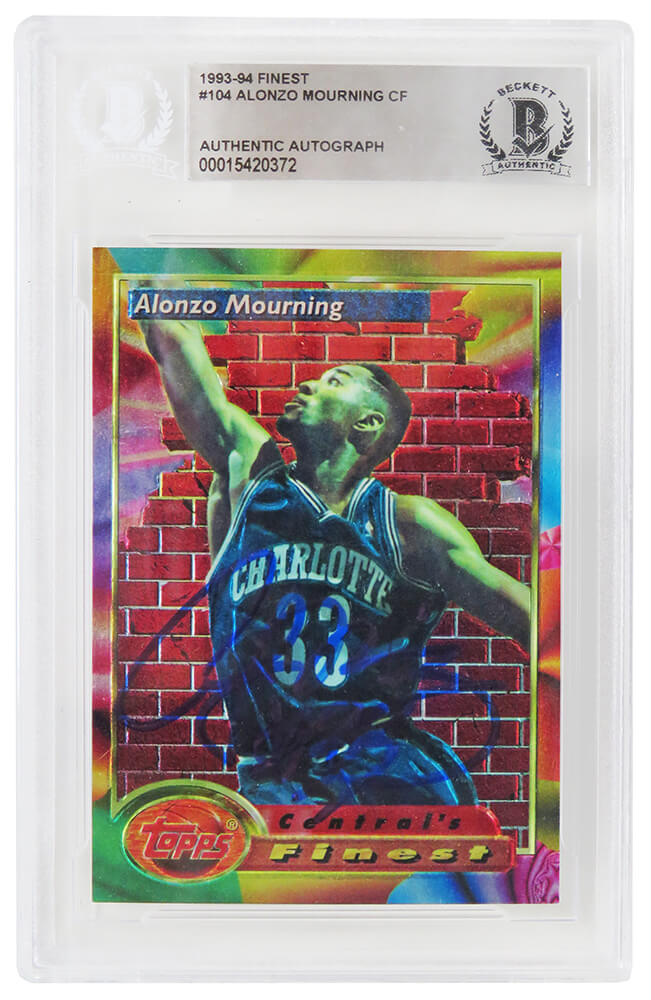 Alonzo Mourning Signed Hornets 1993-94 Topps Finest Basketball Card #104 (In Blue) - (Beckett Encapsulated) - MOUCAR215 - Alonzo Mourning Signed Hornets 1993-94 Topps Finest Basketball Card #104 (In Blue) - (Beckett Encapsulated) product image