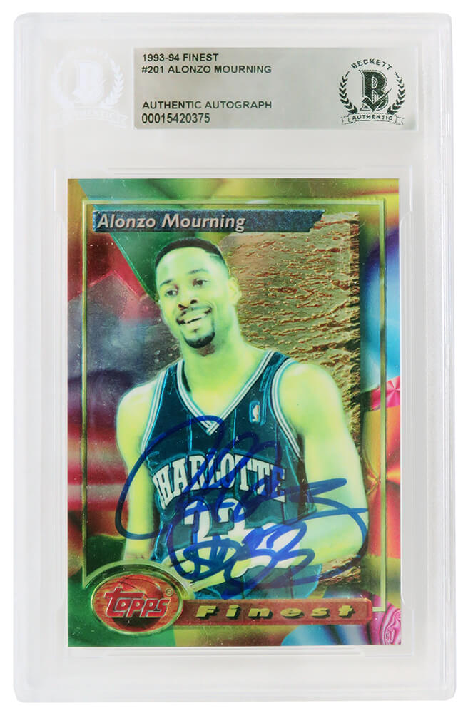 Alonzo Mourning Signed Hornets 1993-94 Topps Finest Basketball Card #201 (In Blue) - (Beckett Encapsulated) - MOUCAR216 - Alonzo Mourning Signed Hornets 1993-94 Topps Finest Basketball Card #201 (In Blue) - (Beckett Encapsulated) product image