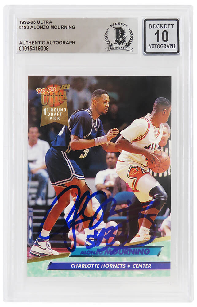 Alonzo Mourning Signed Charlotte Hornets 1992-93 Fleer Ultra Rookie Basketball Card #193 - (Beckett - Auto Grade 10) - MOUCAR217 - Alonzo Mourning Signed Charlotte Hornets 1992-93 Fleer Ultra Rookie Basketball Card #193 - (Beckett - Auto Grade 10) product image