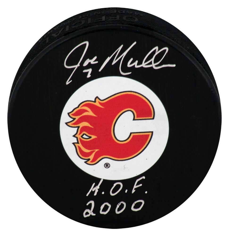 Joe Mullen Signed Calgary Flames Medium Logo Hockey Puck w/HOF 2000 - (In Silver) - MULPUC407 - Joe Mullen Signed Calgary Flames Medium Logo Hockey Puck w/HOF 2000 - (In Silver) product image