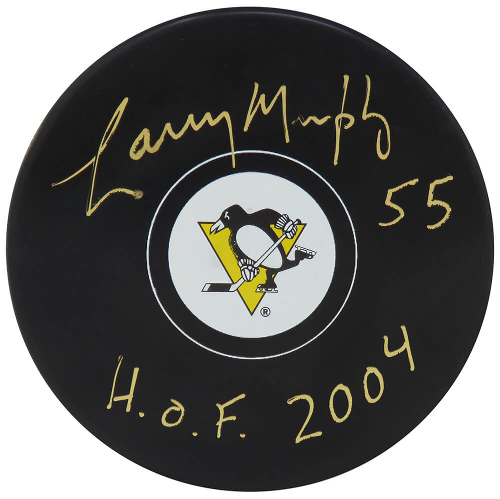 Larry Murphy Signed Penguins Logo Hockey Puck w/HOF 2004 (In Gold) - MURPUC404 - Larry Murphy Signed Penguins Logo Hockey Puck w/HOF 2004 (In Gold) product image