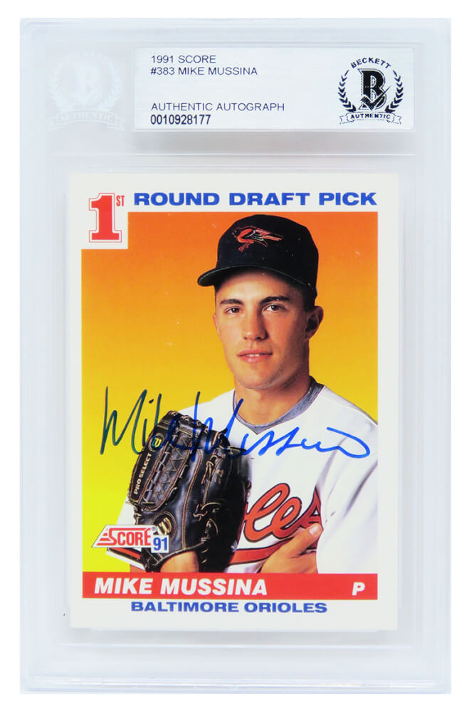 Mike Mussina Signed Baltimore Orioles 1991 Score Rookie Baseball Card #383 - (Beckett Encapsulated) - MUSCAR110 - Mike Mussina Signed Baltimore Orioles 1991 Score Rookie Baseball Card #383 - (Beckett Encapsulated) product image