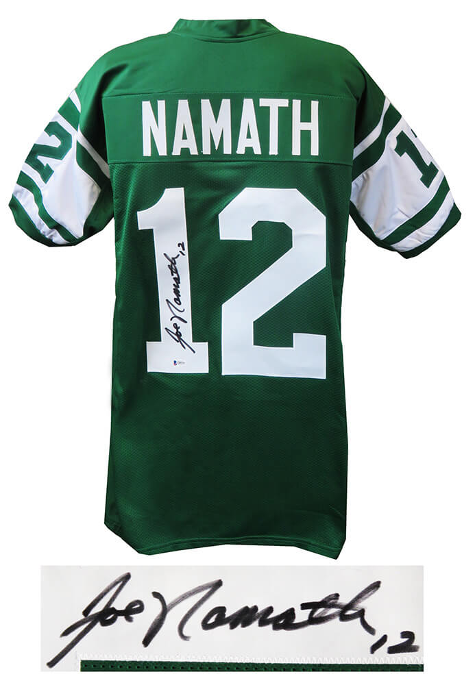 Joe Namath Signed Green Throwback Custom Football Jersey (Beckett) - NAMJRY301 - Joe Namath Signed Green Throwback Custom Football Jersey (Beckett) product image