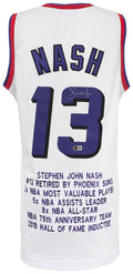 Steve Nash Signed White Embroidered Stat Basketball Custom Jersey - (Beckett) - NASJRY200 - Steve Nash Signed White Embroidered Stat Basketball Custom Jersey - (Beckett) product image