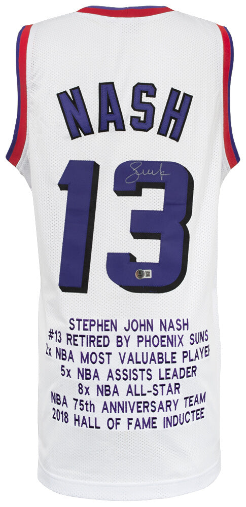 Steve Nash Signed White Embroidered Stat Basketball Custom Jersey - (Beckett) - NASJRY200 - Steve Nash Signed White Embroidered Stat Basketball Custom Jersey - (Beckett) product image