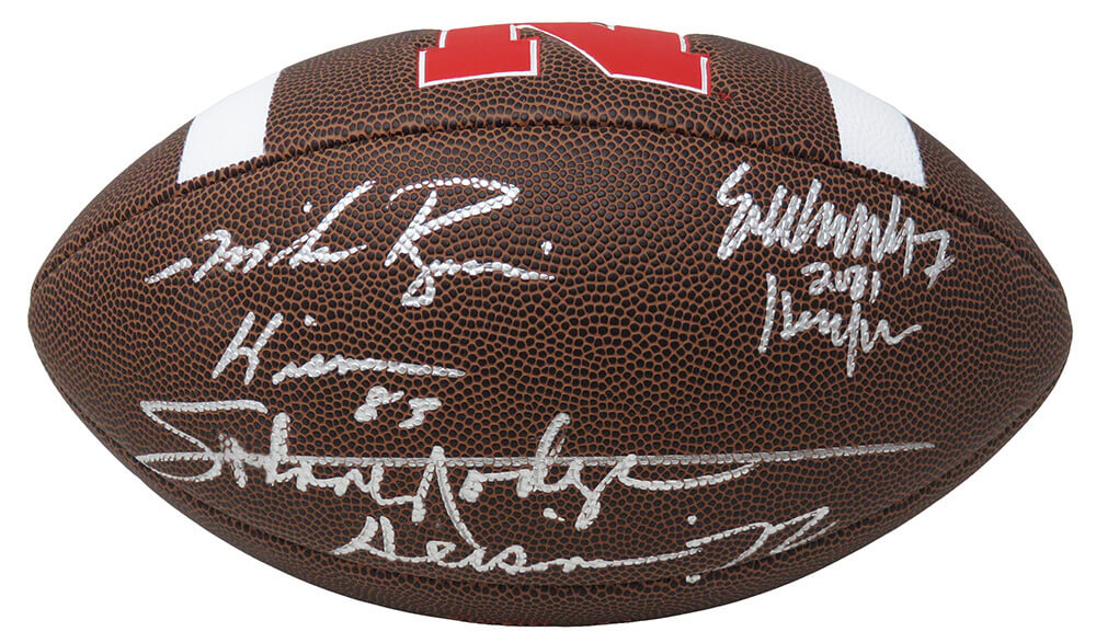 Johnny Rodgers, Mike Rozier & Eric Crouch Signed Nebraska Cornhuskers Logo Football w/HT YRs - NEBFTB300 - Johnny Rodgers, Mike Rozier & Eric Crouch Signed Nebraska Cornhuskers Logo Football w/HT YRs product image