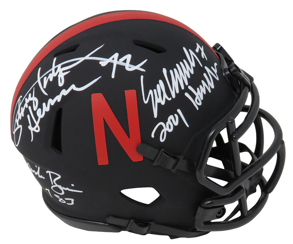 Johnny Rodgers, Mike Rozier & Eric Crouch Signed Nebraska Eclipse Riddell Speed Mini Helmet w/HT YRs - NEBMIN300 - Johnny Rodgers, Mike Rozier & Eric Crouch Signed Nebraska Eclipse Riddell Speed Mini Helmet w/HT YRs product image