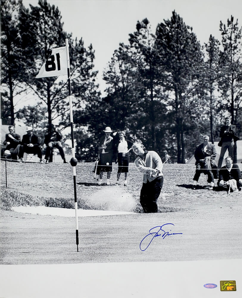Jack Nicklaus Signed Golf Bunker Shot B&W 16x20 Photo (Steiner) - NIC16P502 - Jack Nicklaus Signed Golf Bunker Shot B&W 16x20 Photo (Steiner) product image