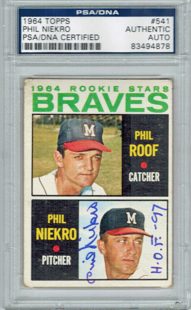Phil Niekro Signed Braves 1964 Topps Rookie Card #541 w/HOF 97 - PSA/DNA - NIECAR100 - Phil Niekro Signed Braves 1964 Topps Rookie Card #541 w/HOF 97 - PSA/DNA product image