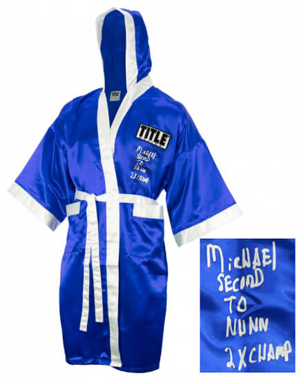 Michael Nunn Signed Title Blue Boxing Robe w/2x Champ, Second To Nunn - NUNROB500 - Michael Nunn Signed Title Blue Boxing Robe w/2x Champ, Second To Nunn product image
