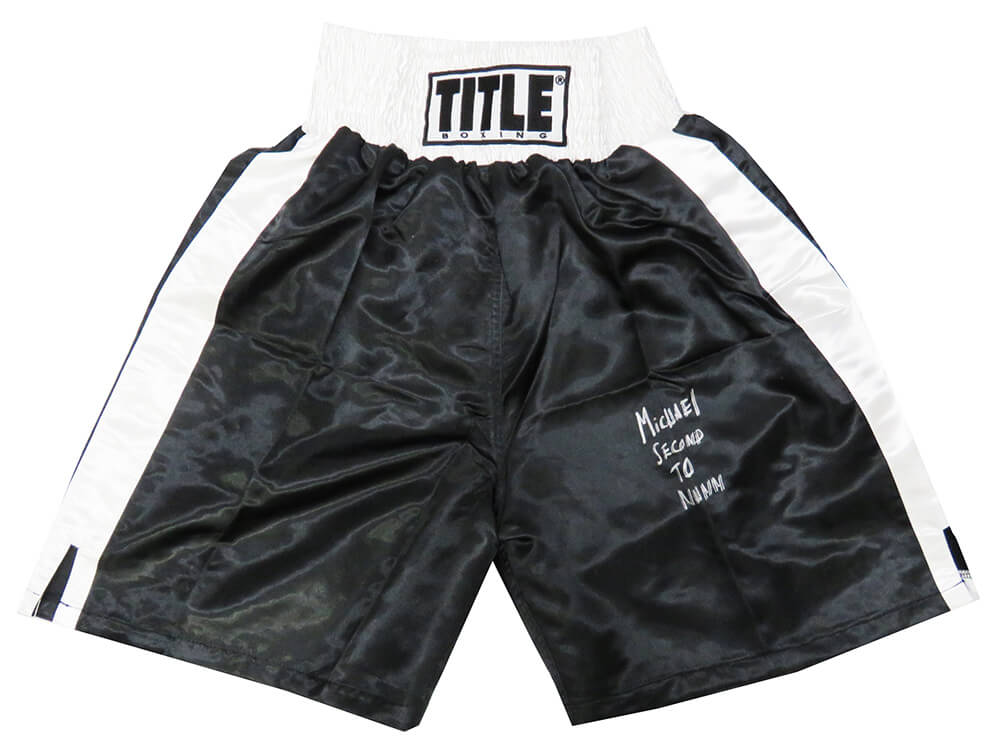 Michael Nunn Signed Title Black With White Trim Boxing Trunks w/Second To Nunn - NUNTRU500 - Michael Nunn Signed Title Black With White Trim Boxing Trunks w/Second To Nunn product image
