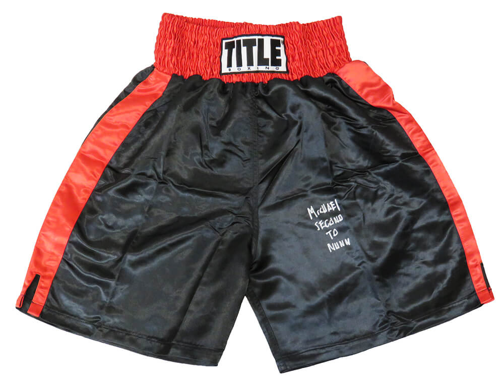 Michael Nunn Signed Title Black With Red Trim Boxing Trunks w/Second To Nunn - NUNTRU501 - Michael Nunn Signed Title Black With Red Trim Boxing Trunks w/Second To Nunn product image