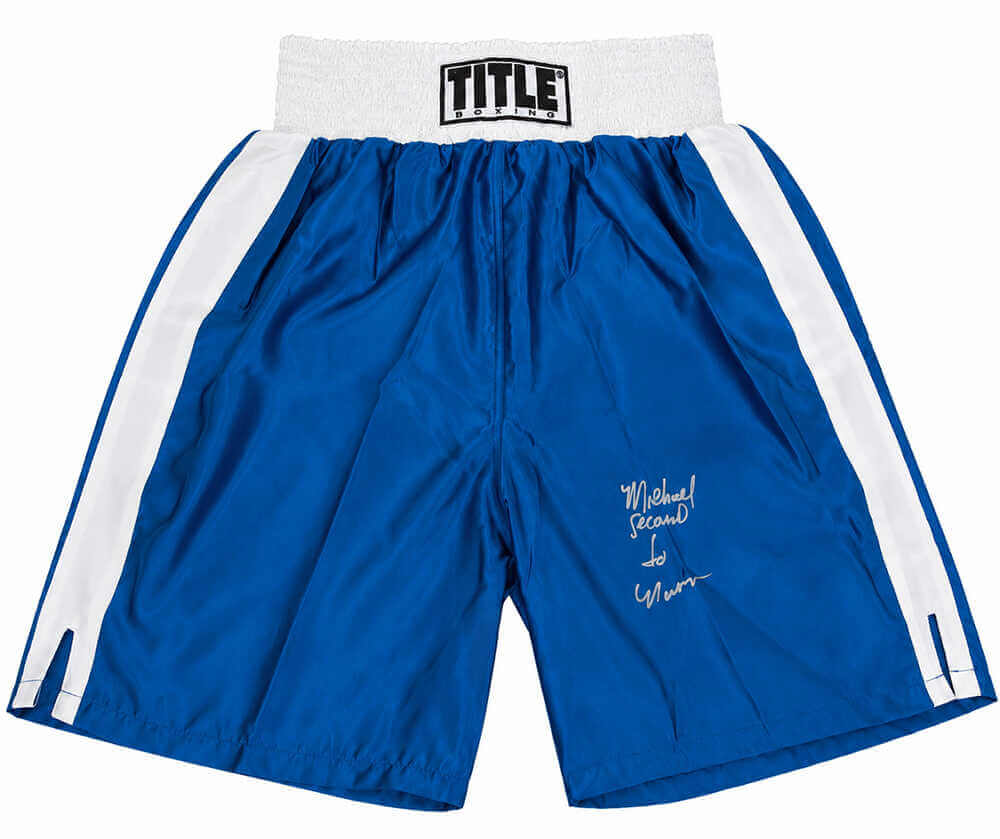 Michael Nunn Signed Title Blue With White Trim Boxing Trunks - NUNTRU503 - Michael Nunn Signed Title Blue With White Trim Boxing Trunks product image