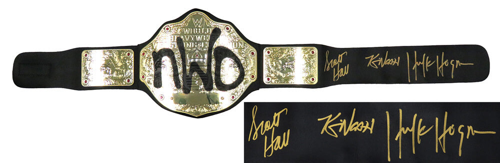Hollywood Hulk Hogan, Kevin Nash & Scott Hall Triple Signed WWE NWO Championship Black Replica Belt - NWOBLT500 - Hollywood Hulk Hogan, Kevin Nash & Scott Hall Triple Signed WWE NWO Championship Black Replica Belt product image