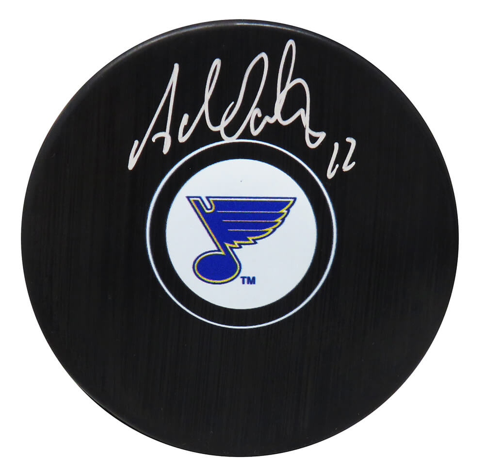 Adam Oates Signed St Louis Blues Logo Hockey Puck - OATPUC404 - Adam Oates Signed St Louis Blues Logo Hockey Puck product image
