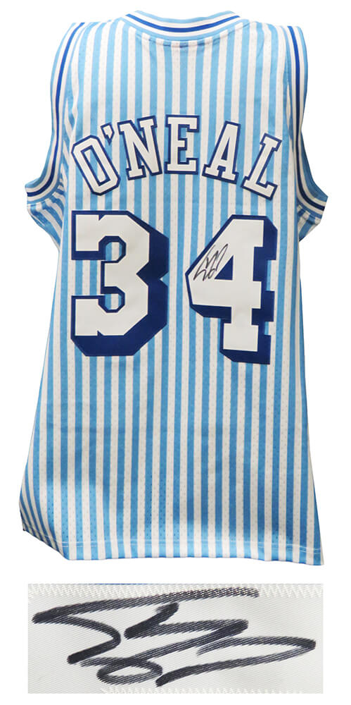 Shaquille O'Neal Signed Los Angeles Lakers Mitchell & Ness White & Blue Stripe NBA Swingman Basketball Jersey - ONEJRY215 - Shaquille O'Neal Signed Los Angeles Lakers Mitchell & Ness White & Blue Stripe NBA Swingman Basketball Jersey product image