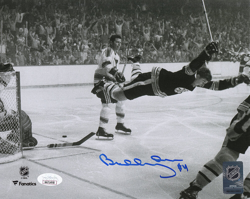 Bobby Orr Signed Boston Bruins Flying Goal B&W 8x10 Photo - (JSA) - ORR08P401 - Bobby Orr Signed Boston Bruins Flying Goal B&W 8x10 Photo - (JSA) product image