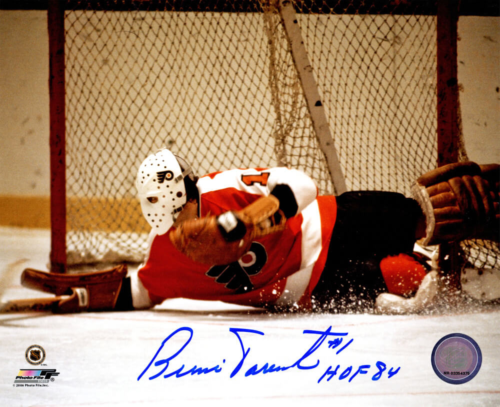 Bernie Parent Signed Philadelphia Flyers Goalie Diving Save Action 8x10 Photo w/HOF'84 - PAR08P410 - Bernie Parent Signed Philadelphia Flyers Goalie Diving Save Action 8x10 Photo w/HOF'84 product image