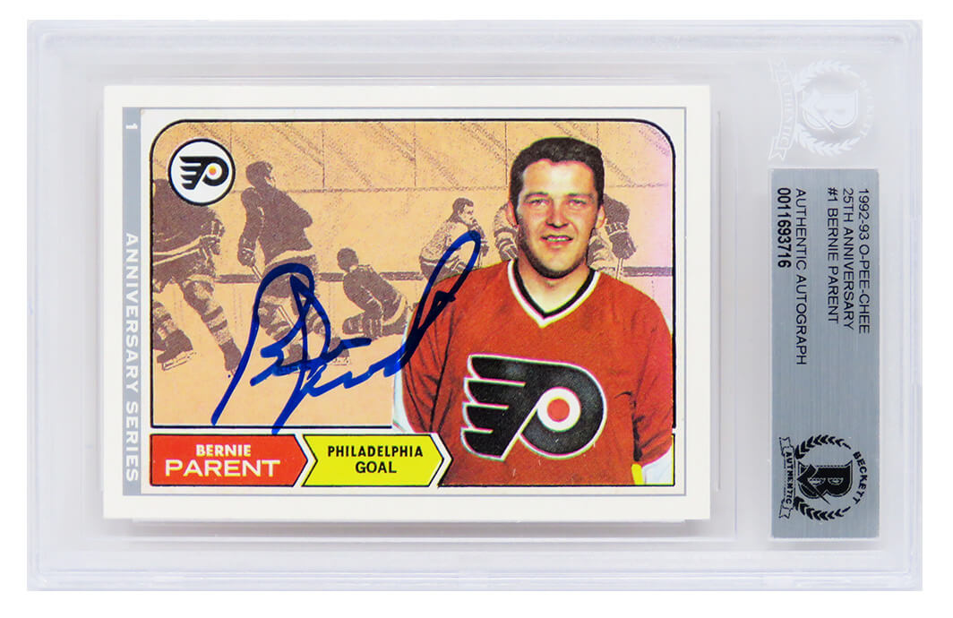 Bernie Parent Signed Philadelphia Flyers 1992-93 O-Pee-Chee Hockey Trading Card #1 (Beckett Encapsulated) - PARCAR401 - Bernie Parent Signed Philadelphia Flyers 1992-93 O-Pee-Chee Hockey Trading Card #1 (Beckett Encapsulated) product image