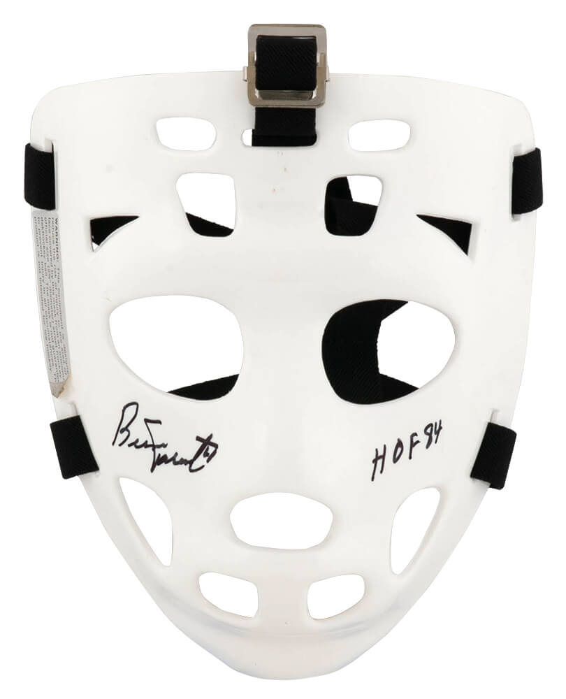 Bernie Parent Signed White With Black Straps Throwback Hockey Goalie Mask w/HOF'84 - PARMAS403 - Bernie Parent Signed White With Black Straps Throwback Hockey Goalie Mask w/HOF'84 product image