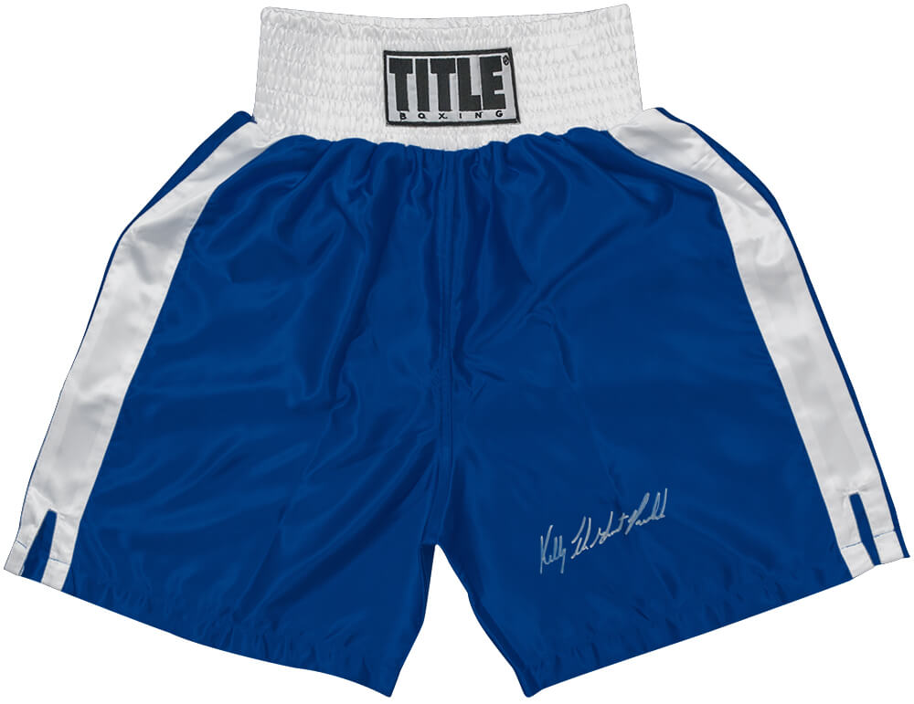 Kelly Pavlik Signed Title Blue With White Trim Boxing Trunks w/The Ghost - PAVTRU500 - Kelly Pavlik Signed Title Blue With White Trim Boxing Trunks w/The Ghost product image