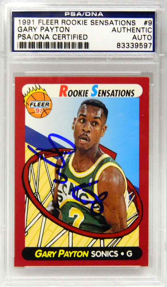 Gary Payton Signed Seattle Supersonics 1991 Fleer Rookie Sensations Trading Card #9 - (PSA Encapsulated) - PAYCAR200 - Gary Payton Signed Seattle Supersonics 1991 Fleer Rookie Sensations Trading Card #9 - (PSA Encapsulated) product image