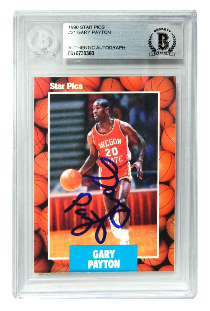 Gary Payton Signed Oregon State 1990 Star Pics Rookie Trading Card #21 - (PSA Encapsulated) - PAYCAR201 - Gary Payton Signed Oregon State 1990 Star Pics Rookie Trading Card #21 - (PSA Encapsulated) product image