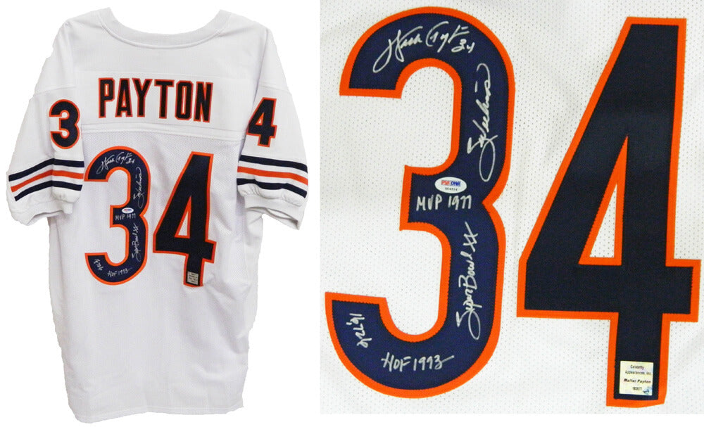 Walter Payton Signed White Custom Jersey w/5 Inscription - PSA Full Letter - PAYJRY300 - Walter Payton Signed White Custom Jersey w/5 Inscription - PSA Full Letter product image