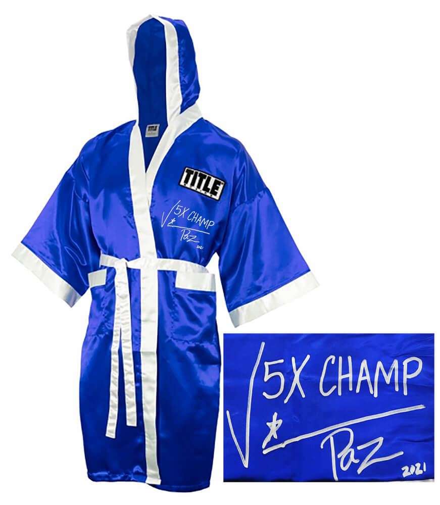 Vinny 'Paz' Pazienza Signed Title Blue Boxing Robe w/5x Champ - PAZROB501 - Vinny 'Paz' Pazienza Signed Title Blue Boxing Robe w/5x Champ product image