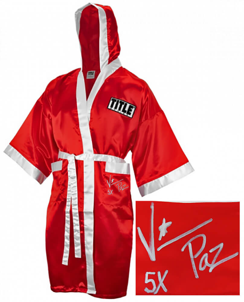 Vinny 'Paz' Pazienza Signed Title Red With White Trim Boxing Robe w/5x - PAZROB502 - Vinny 'Paz' Pazienza Signed Title Red With White Trim Boxing Robe w/5x product image