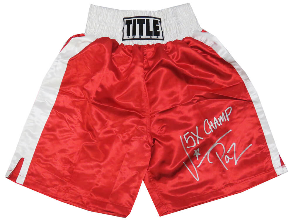 Vinny 'Paz' Pazienza Signed Title Red With White Trim Boxing Trunks w/5x Champ - PAZTRU500 - Vinny 'Paz' Pazienza Signed Title Red With White Trim Boxing Trunks w/5x Champ product image
