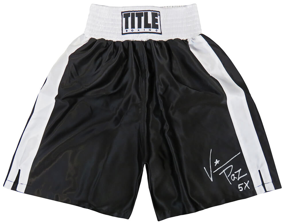 Vinny 'Paz' Pazienza Signed Title Black With White Trim Boxing Trunks w/5x - PAZTRU501 - Vinny 'Paz' Pazienza Signed Title Black With White Trim Boxing Trunks w/5x product image